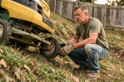 Homme inspectant le mécanisme d'enclenchement de lame d'un tracteur tondeuse sur un terrain en pente dans un jardin résidentiel