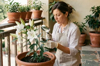 Femme inspectant les feuilles de lys en pot sur un balcon pour détecter les pucerons
