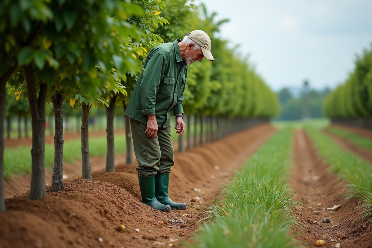 Homme inspectant paillage autour de jeunes arbres fruitiers