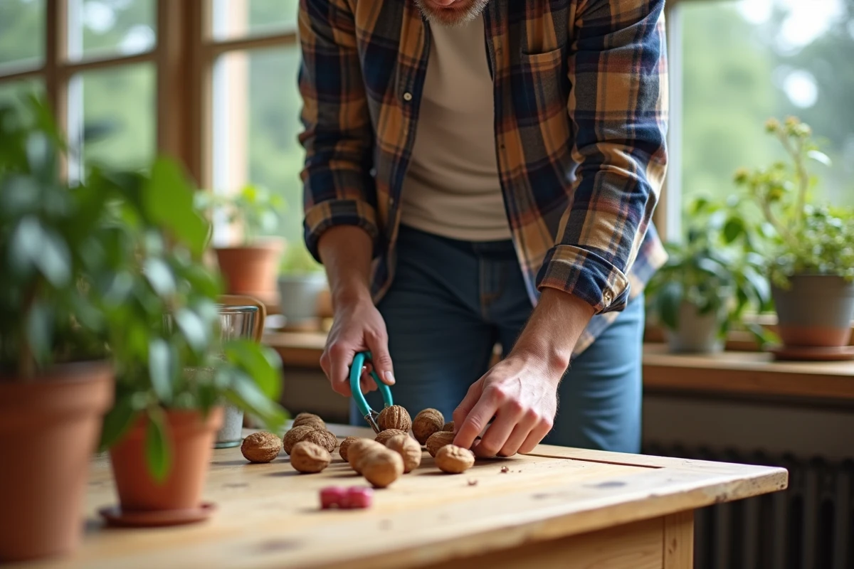 Jeune homme inspectant des noix dans un atelier intérieur