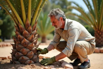 Horticulteur inspectant le tronc d'un palmier pour détecter la présence de larves du papillon palmier dans un jardin méditerranéen