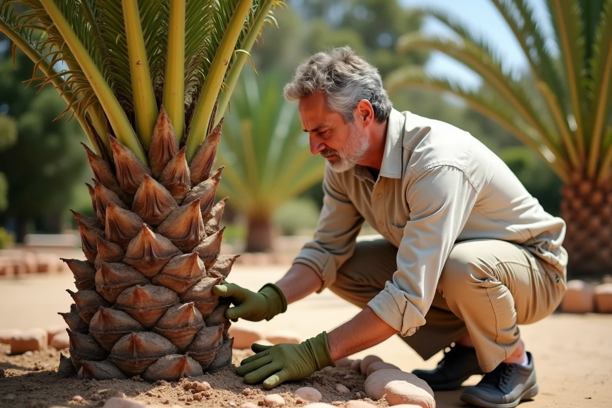 Horticulteur inspectant le tronc d'un palmier pour détecter la présence de larves du papillon palmier dans un jardin méditerranéen