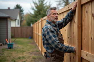 Homme en salopette posant une cloture en bois dans un jardin