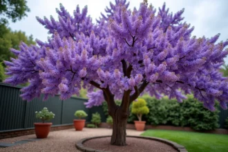 Jacaranda en fleurs violettes dans un petit jardin résidentiel avec allée en gravier et muret en pierre