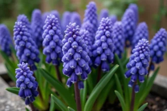 Grappe de jacinthes orientalis violet-bleu en gros plan dans un jardin européen avec bordure en pierre