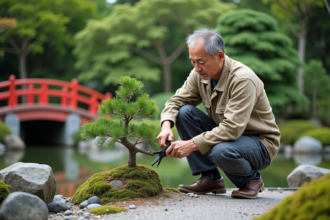 Jardinier japonais taillant un pin dans un jardin serein