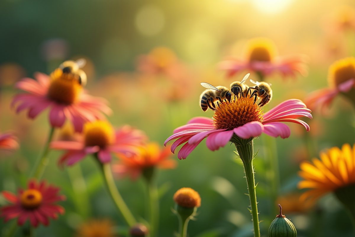 Jardin coloré avec abeilles collectant pollen au matin