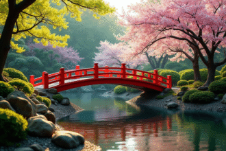 Jardin japonais au printemps avec pont rouge et cerisiers en fleurs