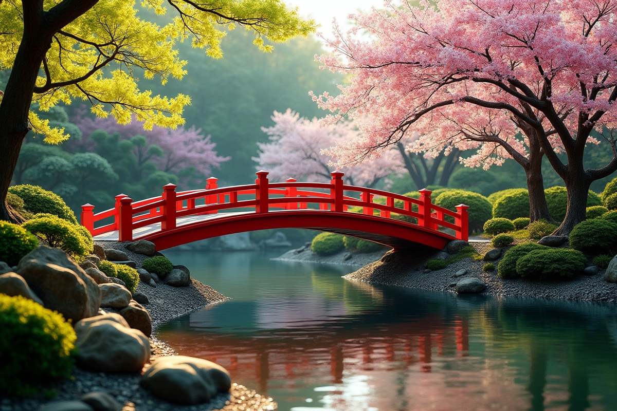 Jardin japonais au printemps avec pont rouge et cerisiers en fleurs