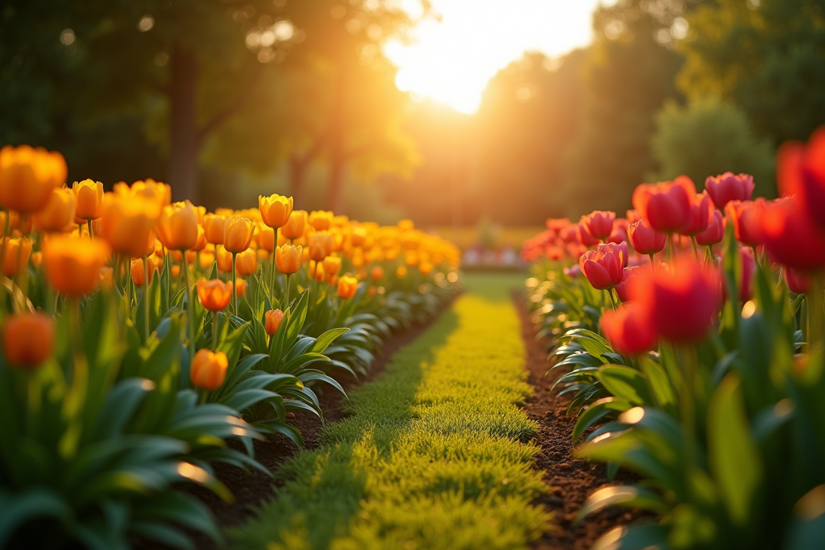 Jardin luxuriant avec rangée de fleurs en pleine floraison au coucher du soleil