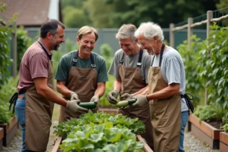 Groupe d'adultes souriants récoltant des légumes ensemble dans un jardin partagé urbain avec des carrés potagers en bois