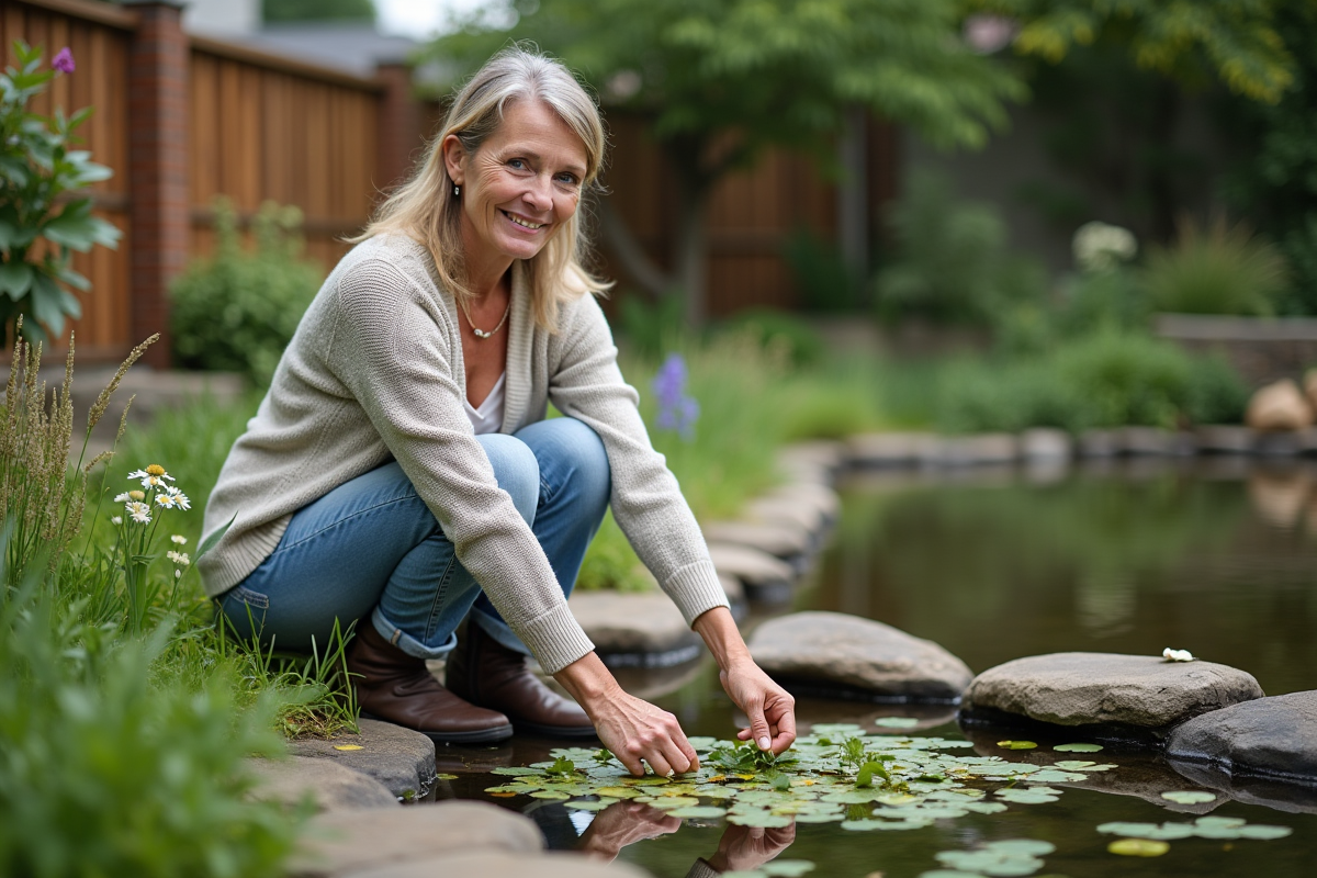 Femme d'âge moyen près d'un étang de jardin naturel