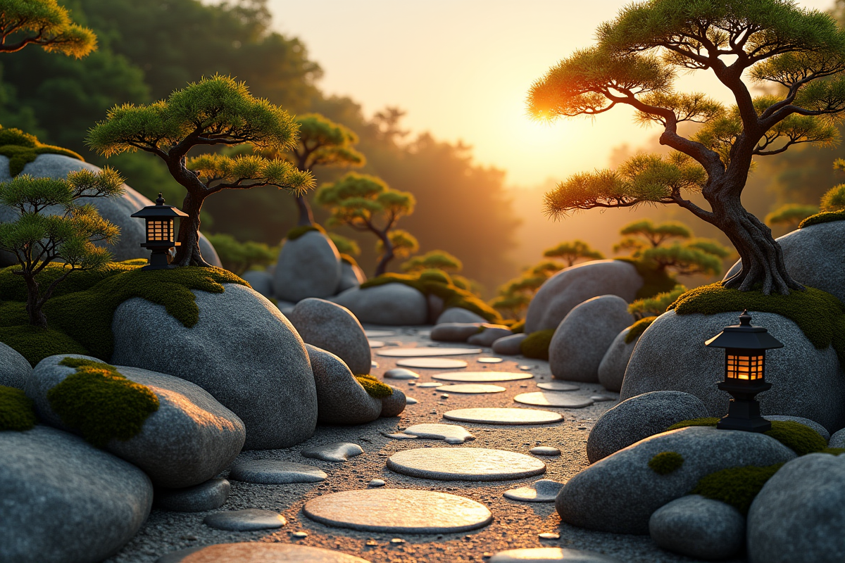 Jardin de roches japonais au coucher du soleil avec lanternes et bonsaïs