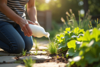 Femme arrosant les mauvaises herbes au jardin avec du vinaigre