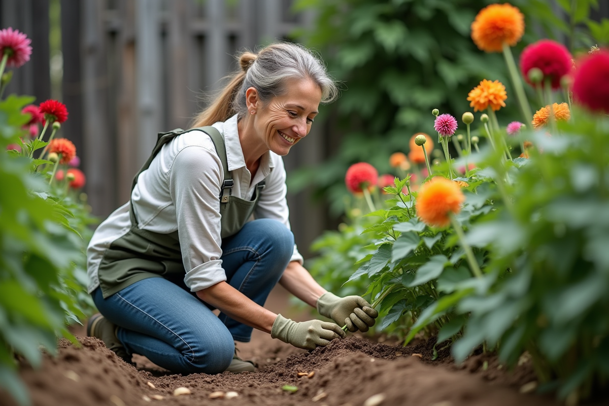 Femme jardinant avec des dahlias en fleurs dans le jardin