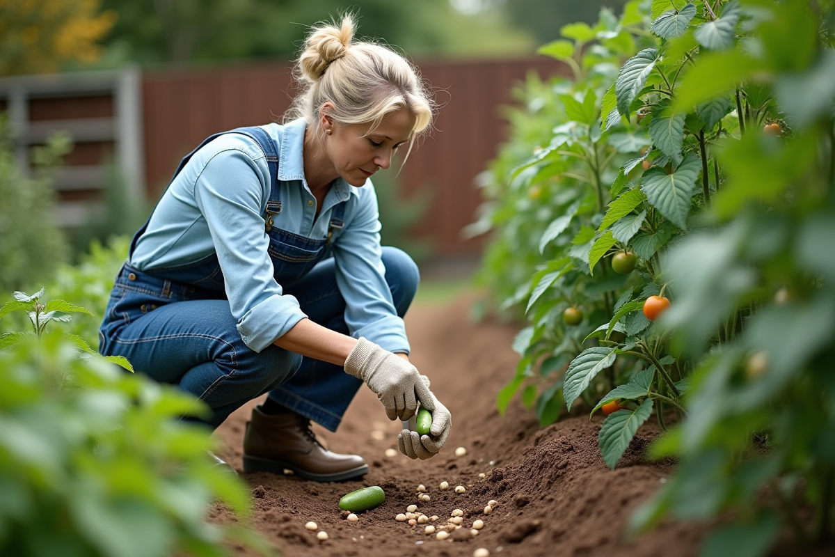 Femme en jardinage arrosant tomates et concombres