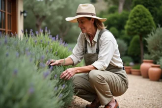 Femme jardiniere âgée en pleine nature avec Geraldton Wax