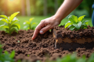 Jardinier préparant un lit surélevé avec terre riche et compost