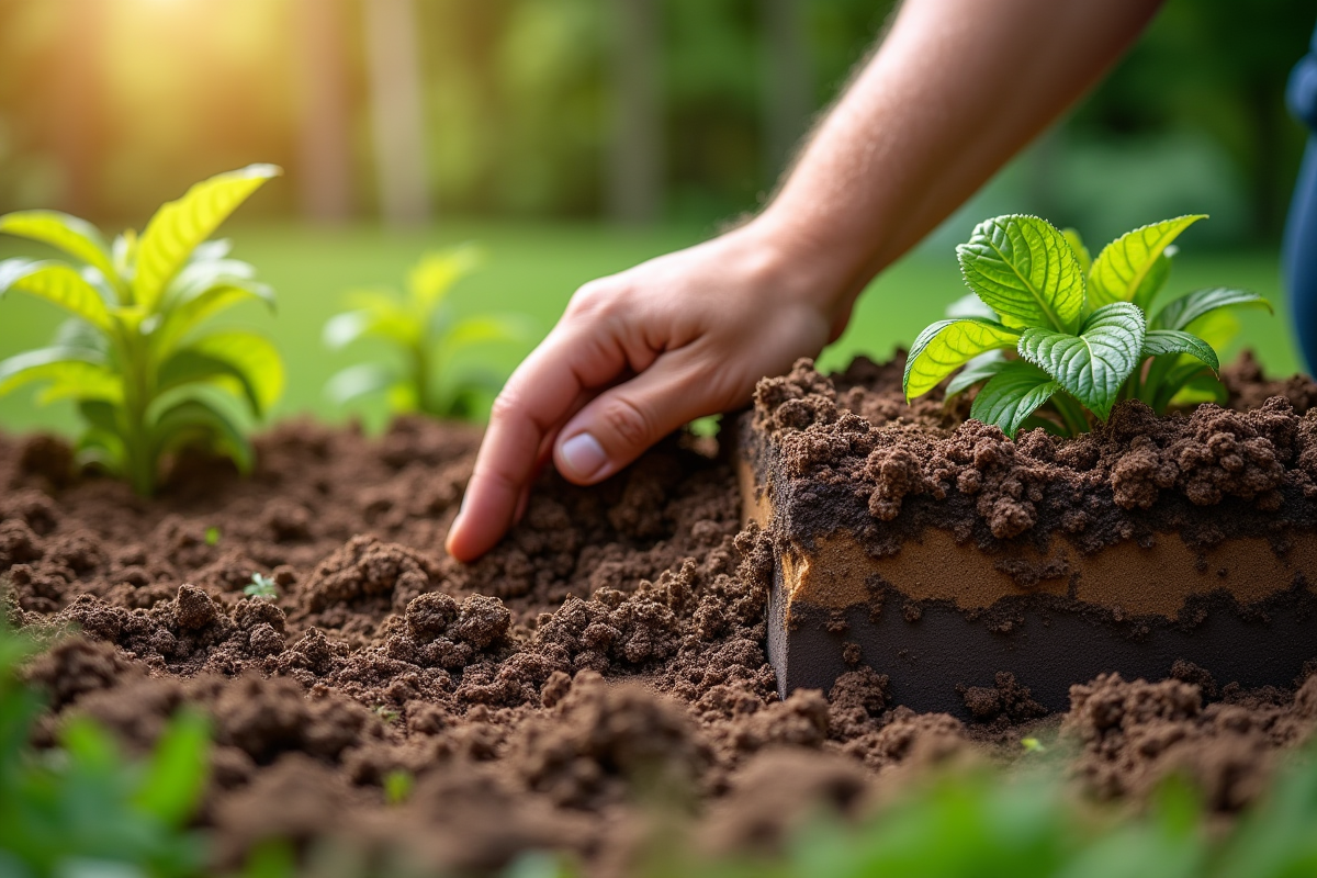 Jardinier préparant un lit surélevé avec terre riche et compost