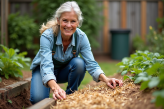 Femme jardinant avec paillage de paille dans un jardin