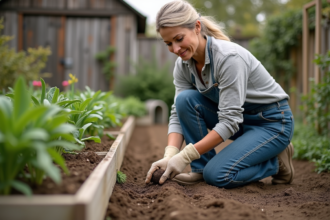 Femme moyenne âge plantant des oignons dans un jardin