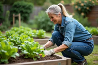 Femme jardinant dans un potager en arrière-plan