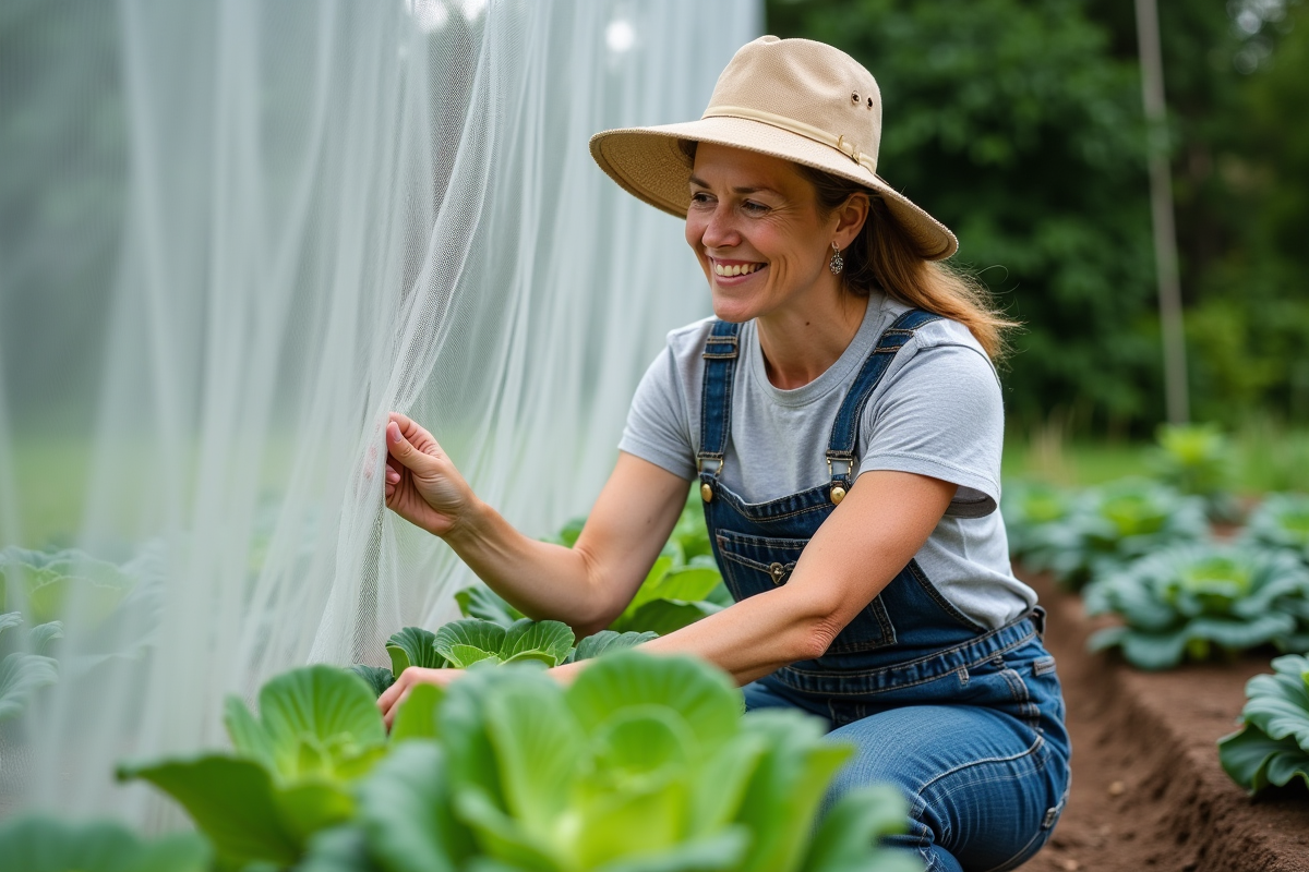 Femme en salopette pose un filet sur des choux dans un jardin