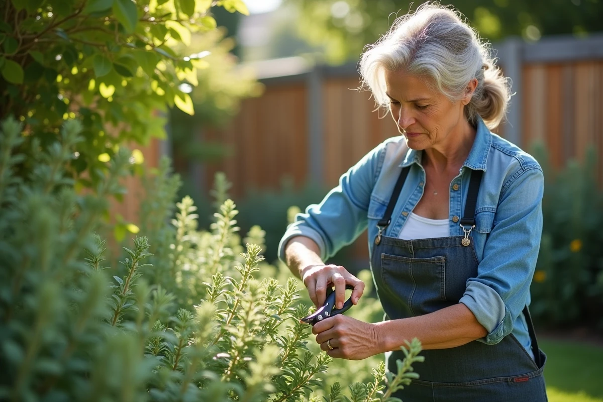 Femme en jardinage prune un sauge dans son jardin