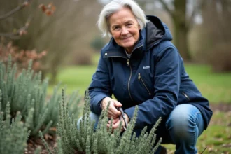 Femme en jardinage prune un sauge dans un jardin printanier