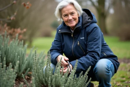 Femme en jardinage prune un sauge dans un jardin printanier