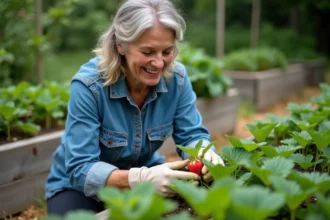 Femme en denim et gants taillant des fraisiers dans le jardin