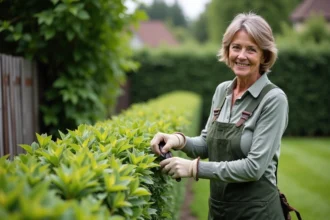 Femme taillant une haie de salvia dans un jardin paisible