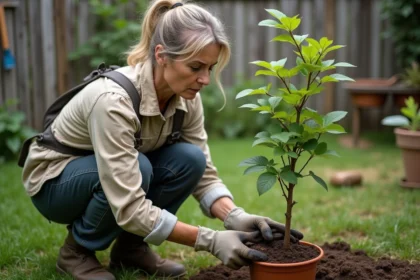 Femme en jardinage examinant un jeune sapin de noix
