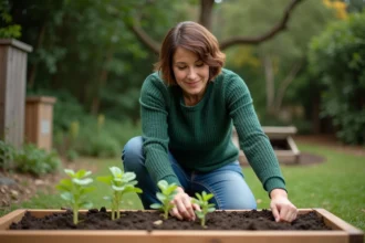 Femme plantant des jeunes légumes dans un jardin en plein air