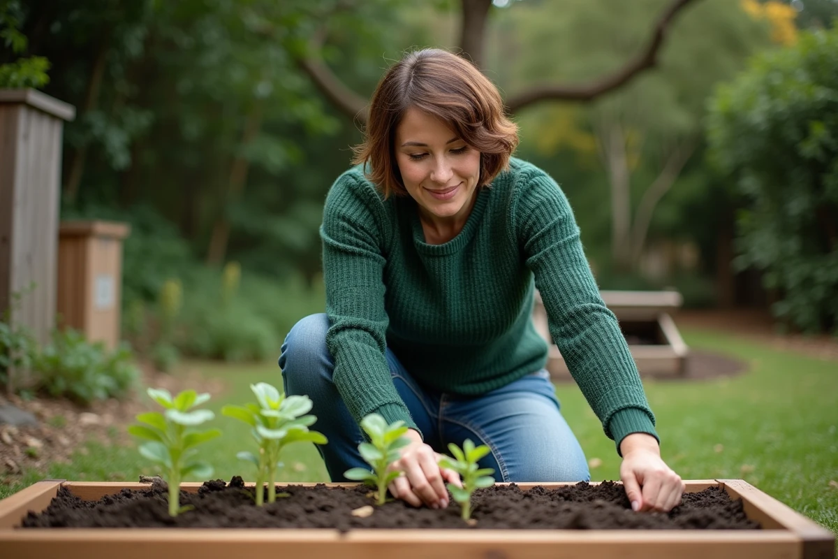 Femme plantant des jeunes légumes dans un jardin en plein air