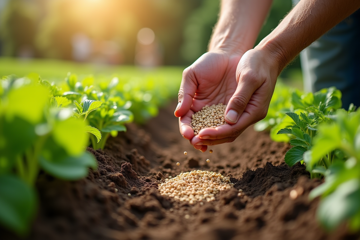 Mains de jardinier dispersant des pellets d'engrais bio sur un sol riche