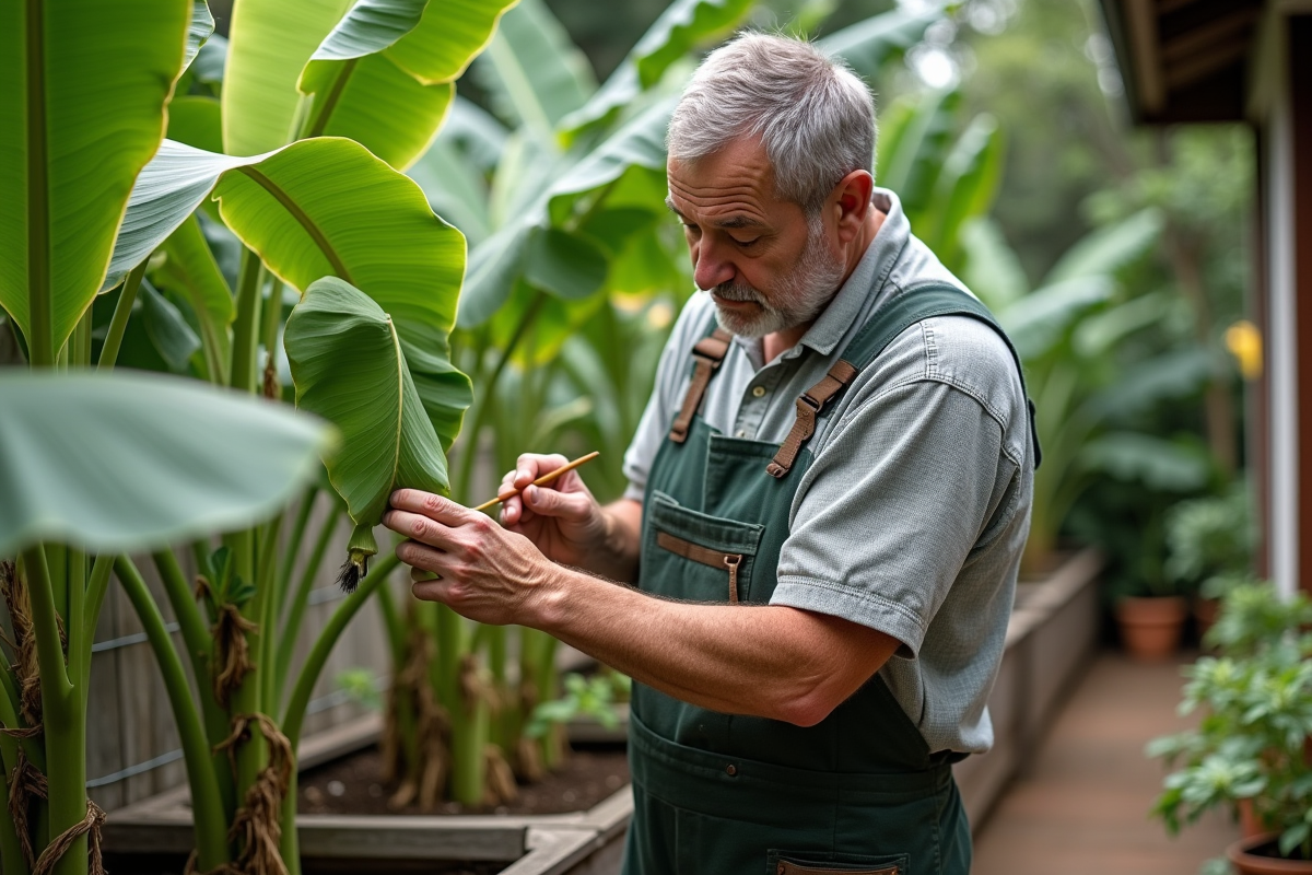 Homme jardinier inspectant une feuille de bananier dans un jardin