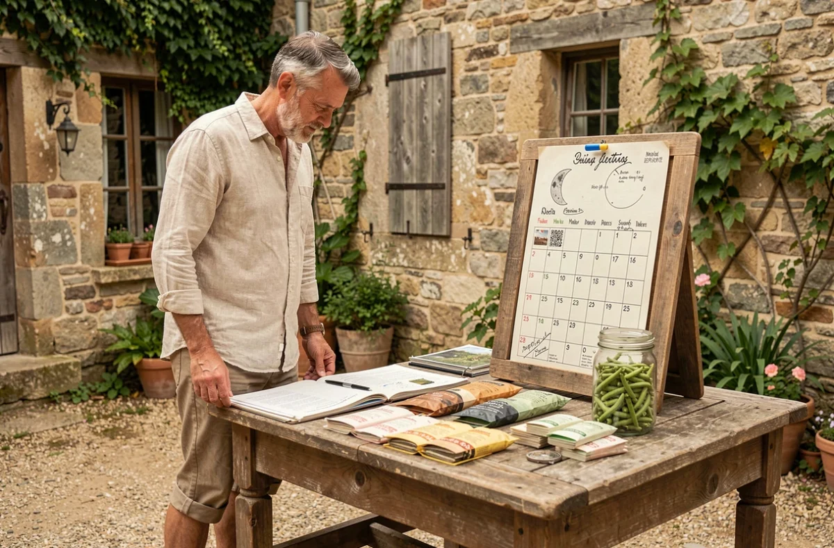 Jardinier consultant un calendrier lunaire pour planifier le semis des haricots verts en 2026