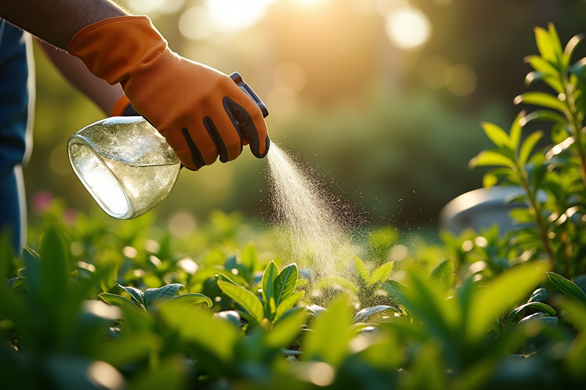 Personne portant gants versant un spray naturel contre les mauvaises herbes dans un jardin ensoleille