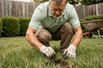 Jardinier inspectant une pelouse après traitement contre les hannetons dans un jardin de banlieue
