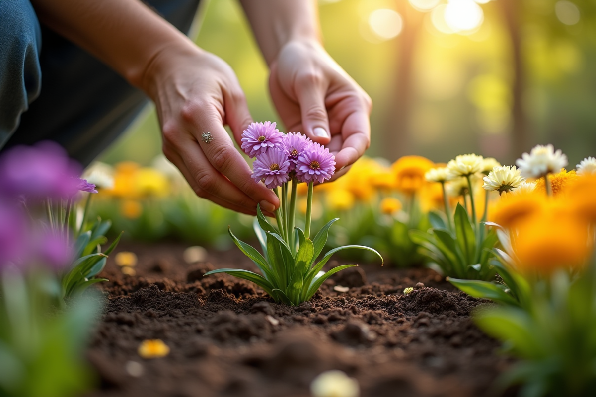 Mains de jardinier plantant une petite composition florale dans un jardin ensoleille