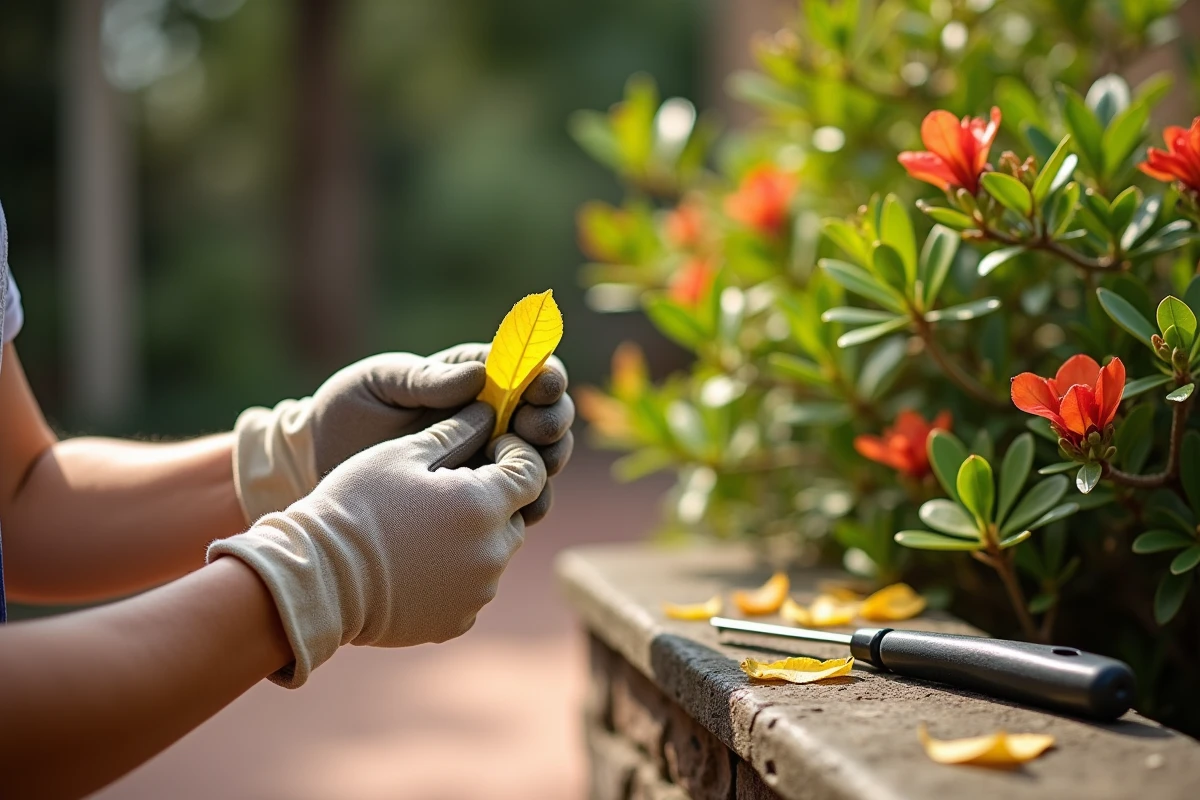 Jardiniére examinant une feuille jaune de laurier rose dans un jardin en plein air