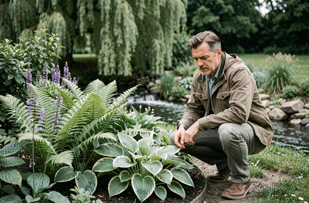 Paysagiste des Jardins Du Ru Preux aménageant un massif au bord d'un ruisseau dans l'Aisne
