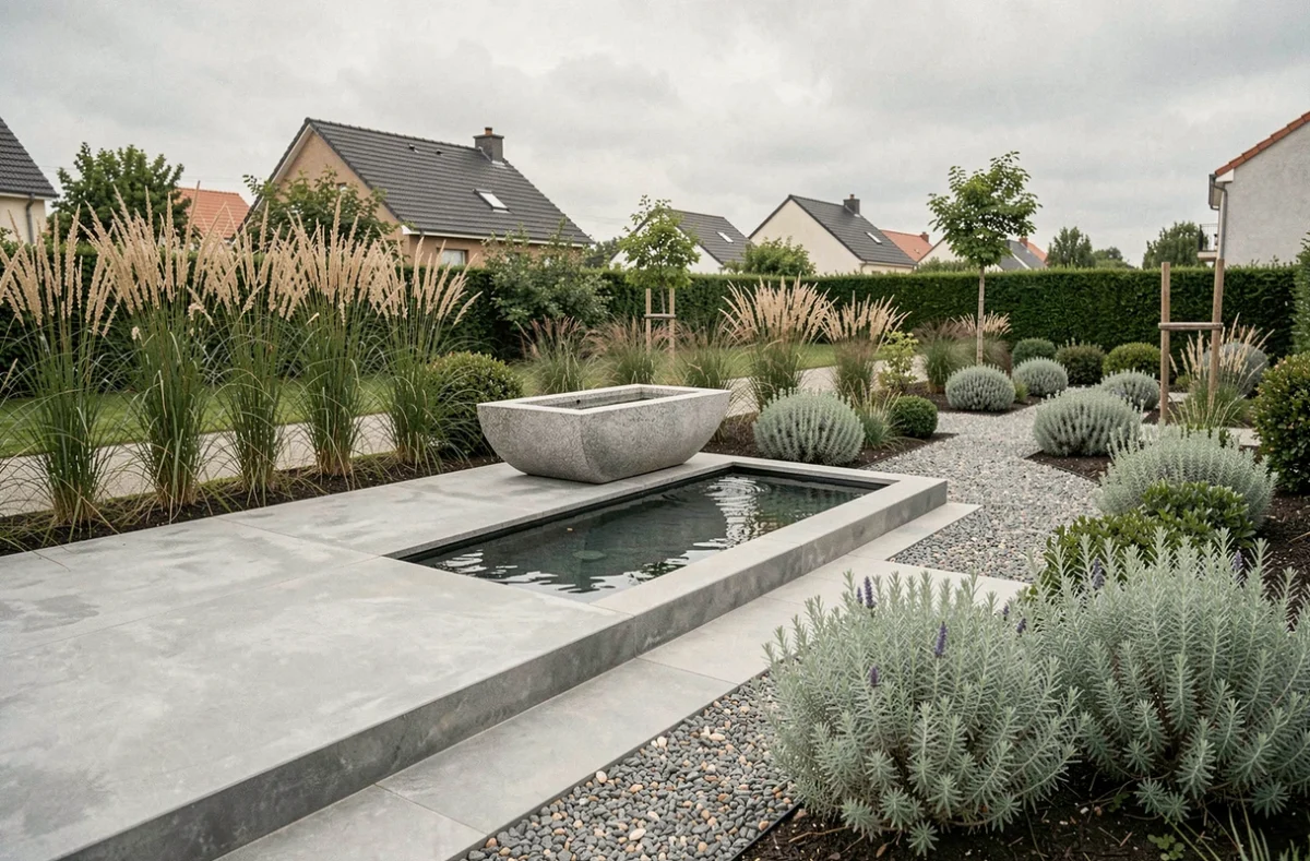 Jardin contemporain avec terrasse en béton, feature aquatique en granit et graminées ornementales, création réalisée par Jaulin Paysages en Loire-Atlantique
