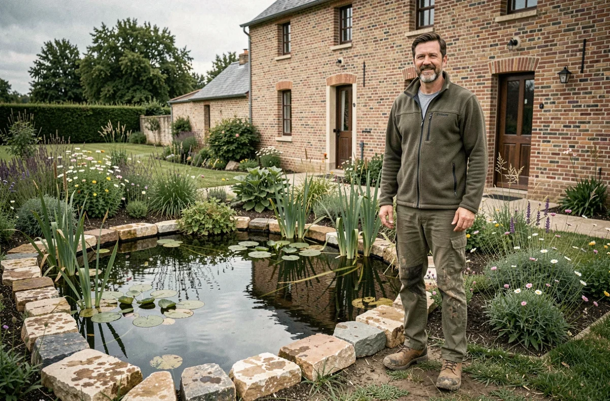 Paysagiste de JB Nature finissant l'aménagement d'une mare naturelle dans un jardin rural de l'Aisne