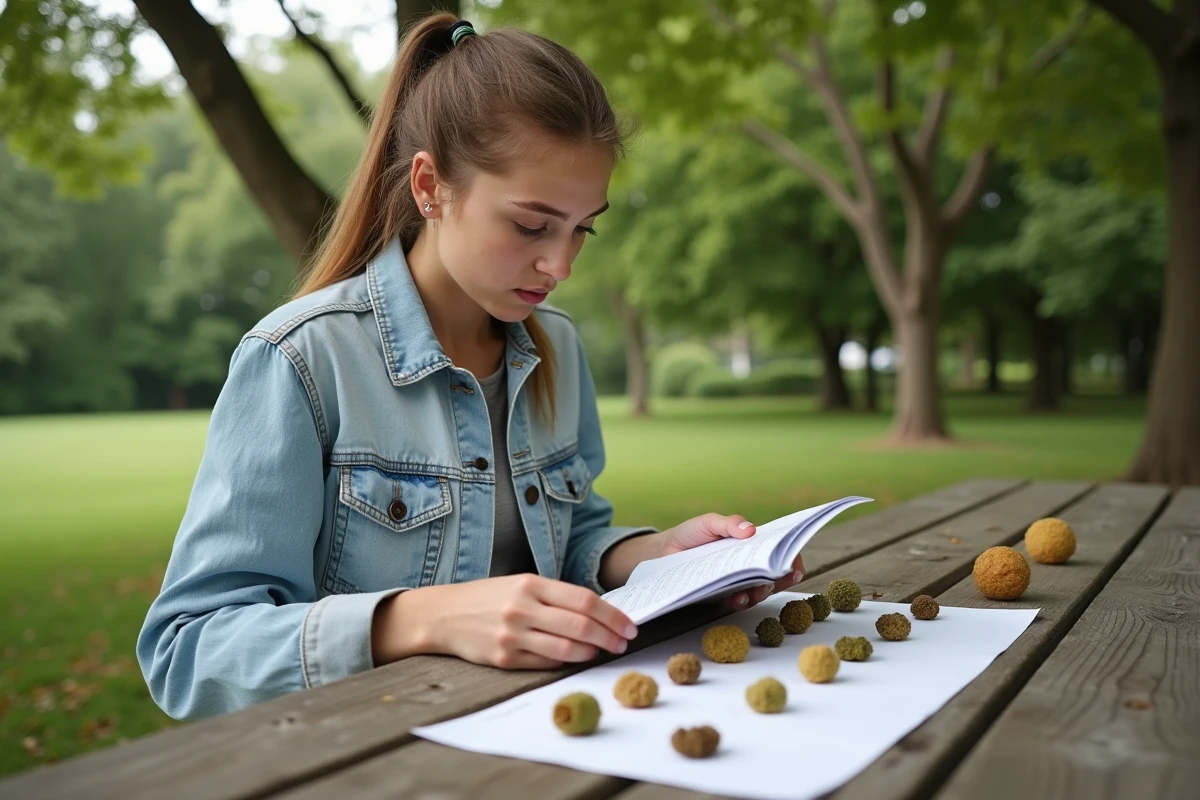 Jeune femme comparant des galles de plantes sur une table