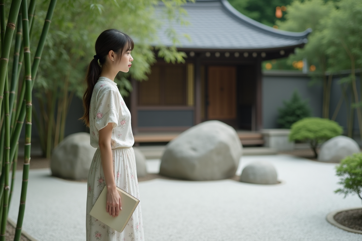 Jeune femme contemplant un jardin de pierres japonais
