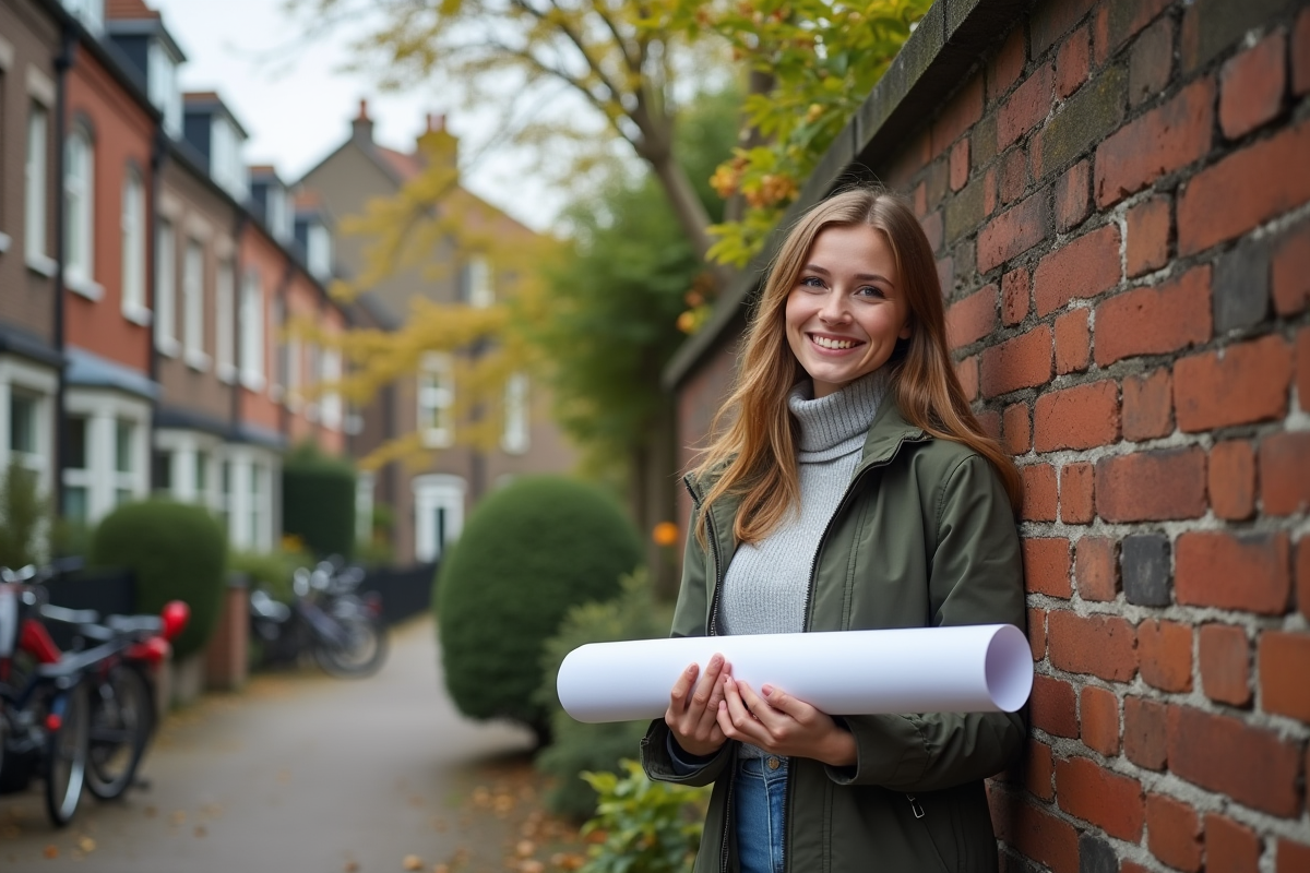 Jeune femme avec plans près d’un mur en briques