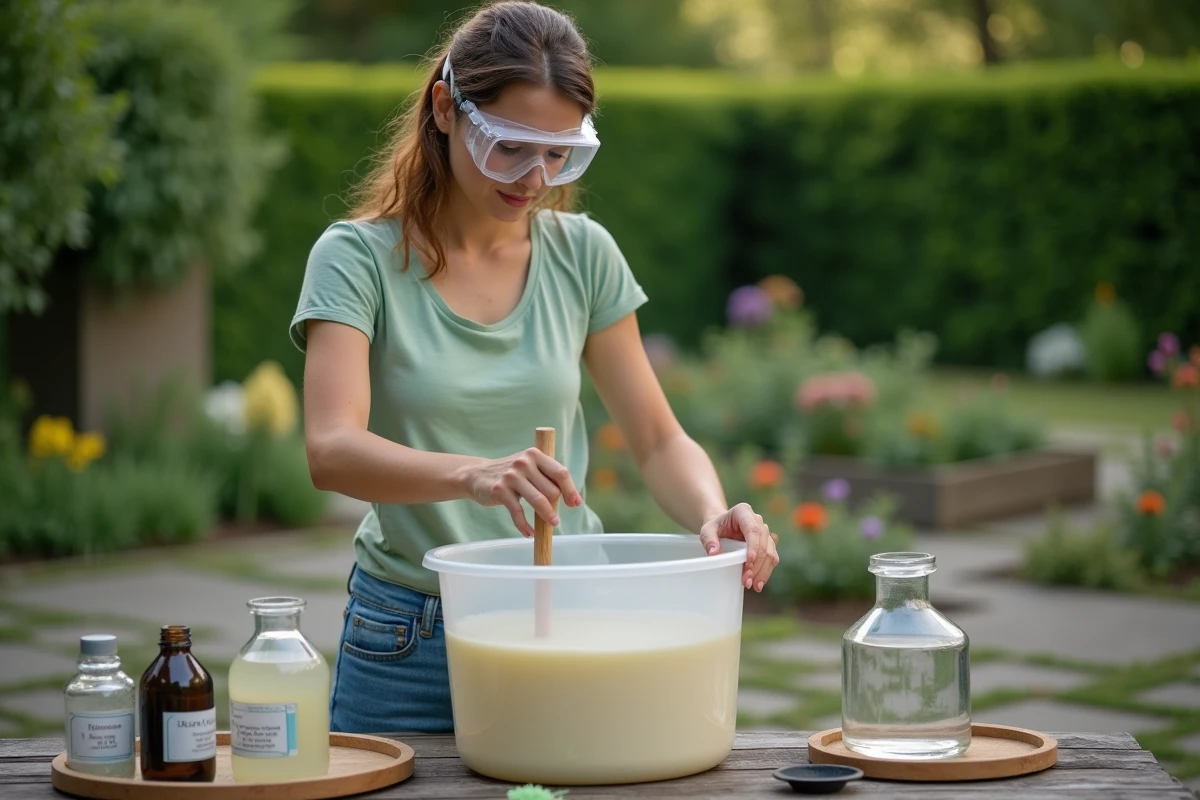 Jeune femme mélangeant une solution dans un bassin extérieur