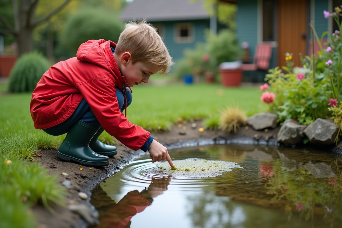Jeune garçon en veste rouge observe un étang de jardin